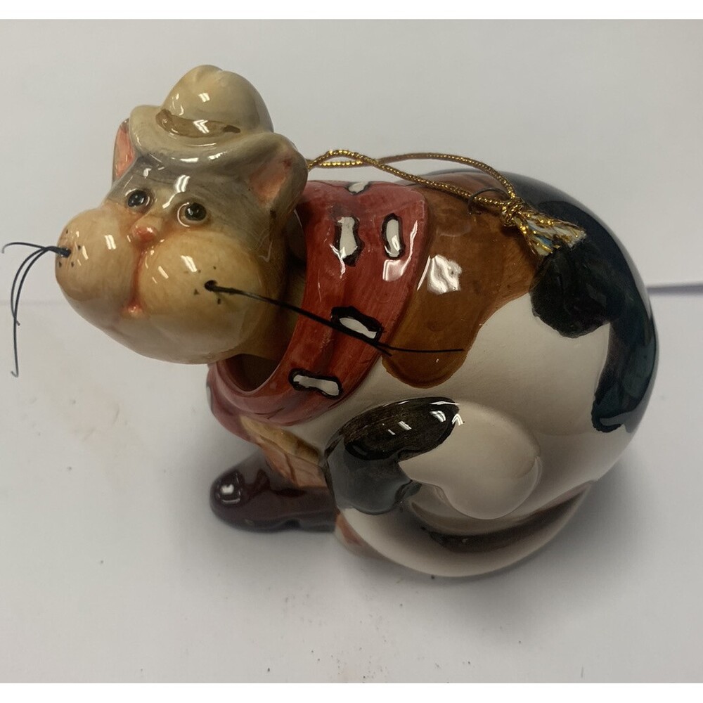 Bobble Head Cat Cowboy Ceramic Christmas Ornament 4”x3”x2”